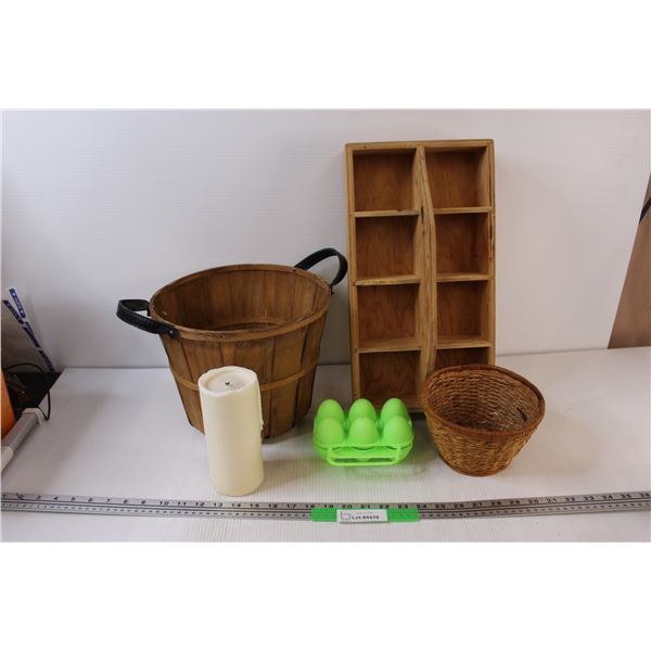 (5) Misc. Lot of: Wood Basket; Wood Tool Utensil Caddy; Egg Storage Container