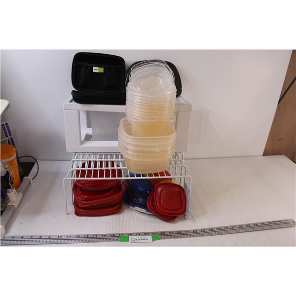(25+) Misc. Lot of: Plastic Food Storage Bowls & Lids; 4 - Metal Racks