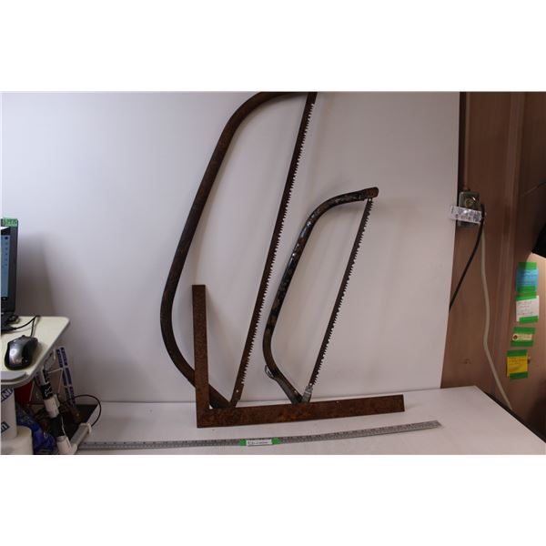 (3) Vintage All Metal Bucksaws & Metal Square