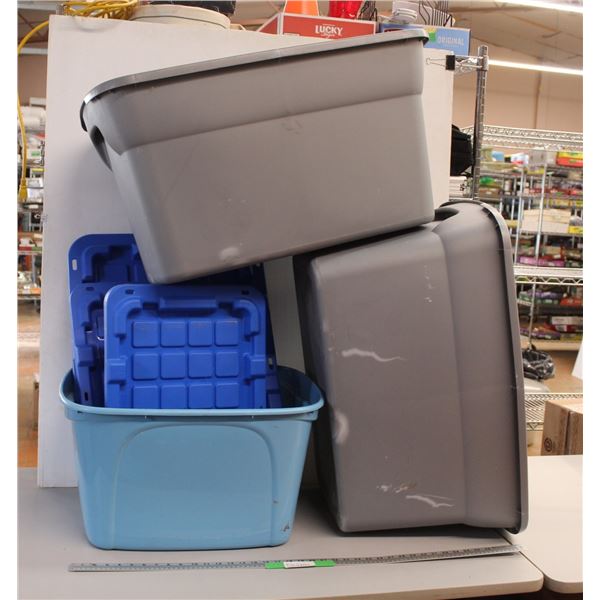 * (3) Storage Large Bins No lids & (3) Dark Blue Lids Fit Other Bins
