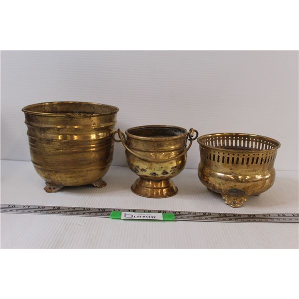 (3) Brass Pots / Planters - Largest is 6" Tall x 7" Wide