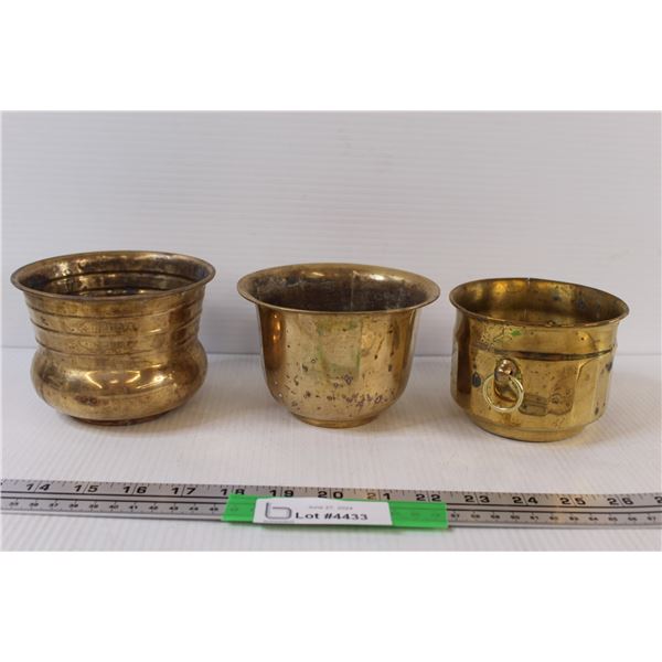 (3) Brass Pots / Planters - Largest is 3 1/2" Tall x 5" Wide & 1 has Splits in Sides