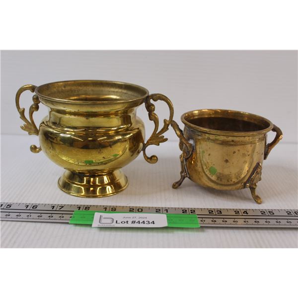 (2) Brass Pots / Planters - Largest is 3 1/4" Tall x 6" Wide Both With Ornate Handles