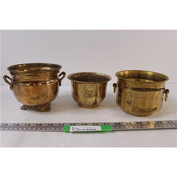 (3) Brass Pots / Planters - Largest is 4 1/2" Tall x 6 1/2" Wide & 1 With Ornate Handles