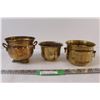 Image 1 : (3) Brass Pots / Planters - Largest is 4 1/2" Tall x 6 1/2" Wide & 1 With Ornate Handles