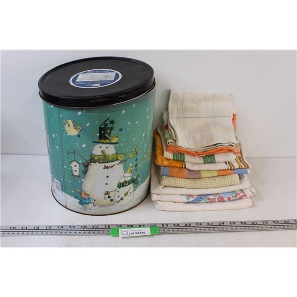 (10) 9 x Used Tea Towels & Large Holiday Season Themed Tin