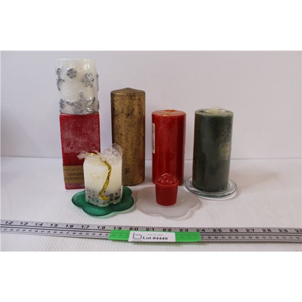 (10) 7 x Unused Misc. Sized Candles & Scents; 3 x Glass Candle Stands