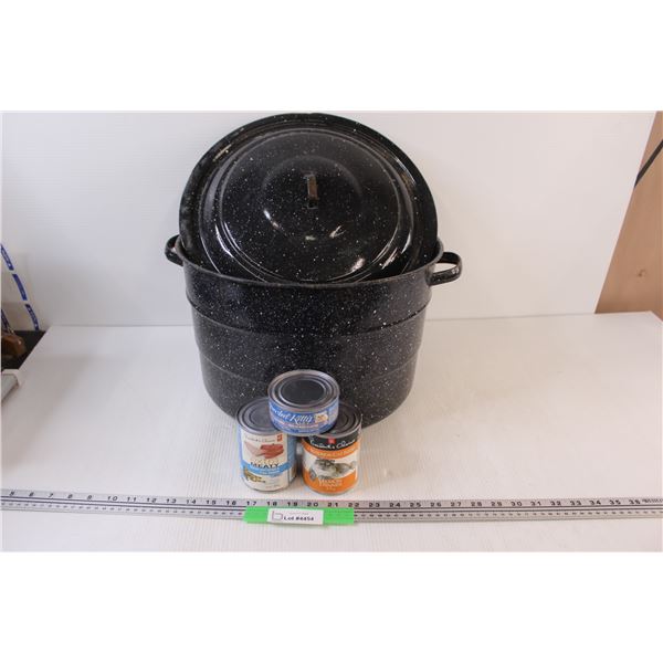 (4) Large Blue Enamelware Canner Pot & 3 x Cans of Cat Food