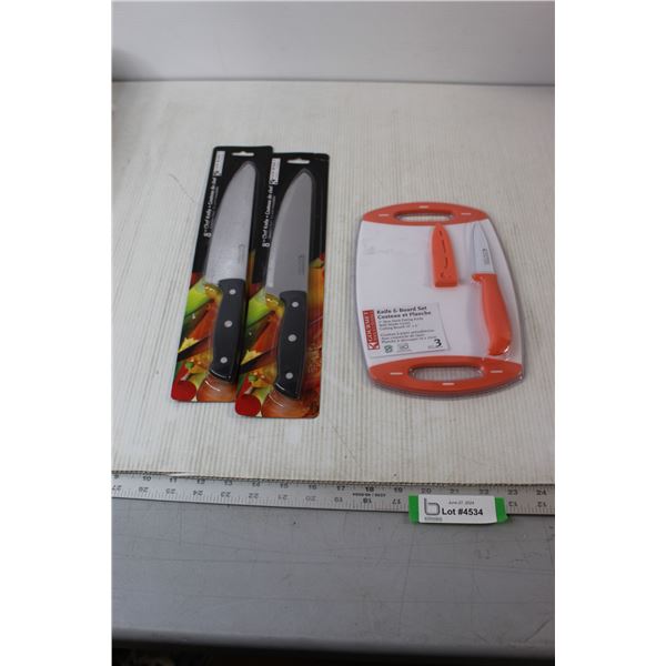 (2) Gourmet Chef Knives, Knife & Cutting Board Set