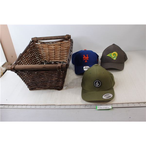 (3) New Baseball Caps, Wicker Basket