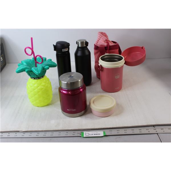 (2) Thermoses, (2) Insulates Water Bottles, Misc.