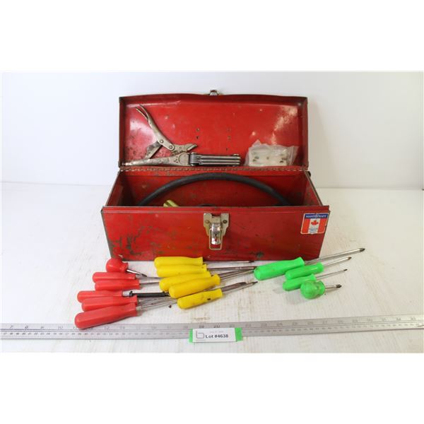 Metal Tool Box w/Contents (tool box has dents)- Hex Key Set - Screw Drivers - Misc. Items