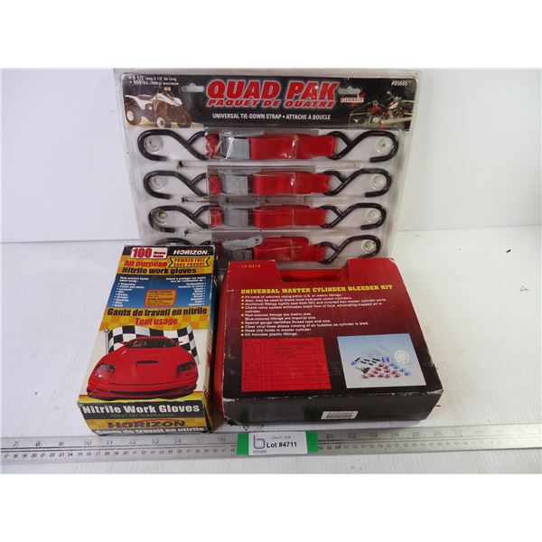 Pkg. of (5) Universal Tie Down Straps, Universal Master Cylinder Bleeder Kit, and Box of Nitrile Wor