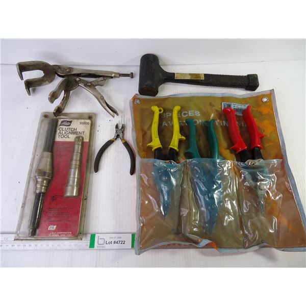 (3) Tinsnips, Mallet, Clutch Tool, Clamp Vise Grip and Small Tin Snip