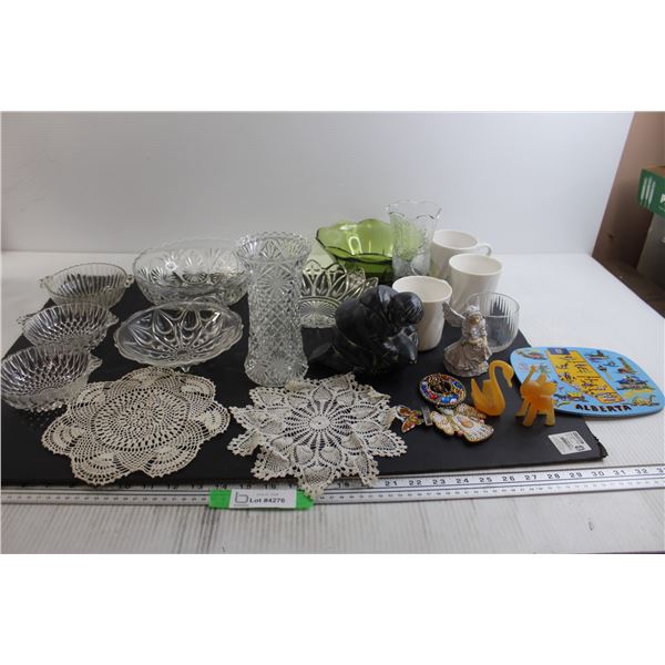 Assorted Glass Items, (2) Doilies, Misc.