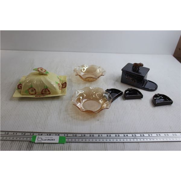 Creamsicle Bowls, Ashtrays, Flower Butter Dish