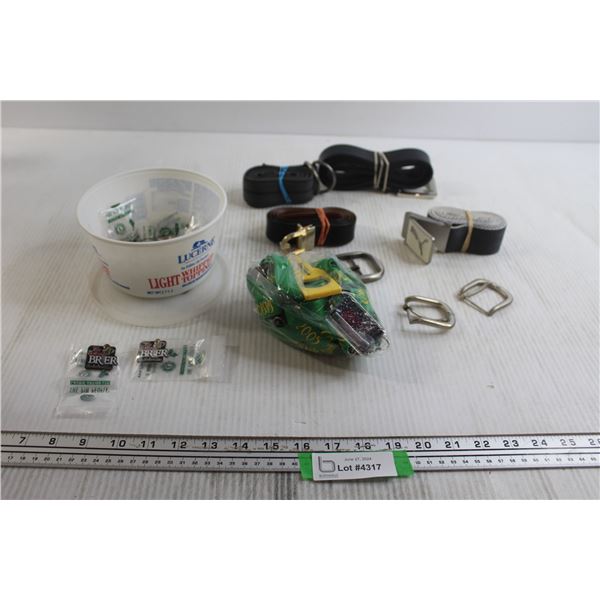 (4) Belts, Small Container of Tim Hortons Pins, Misc.