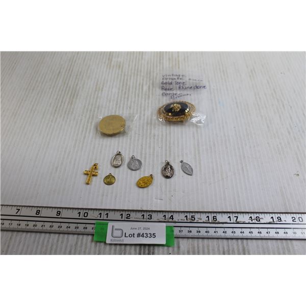 Vintage Ornate Black Gold Tone Rose Rhinestone Cameo Brooch, Assorted Pendants