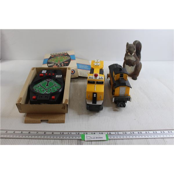 Electric Baseball Game, (2) Caterpillar Train Toys, Decorative Squirrel