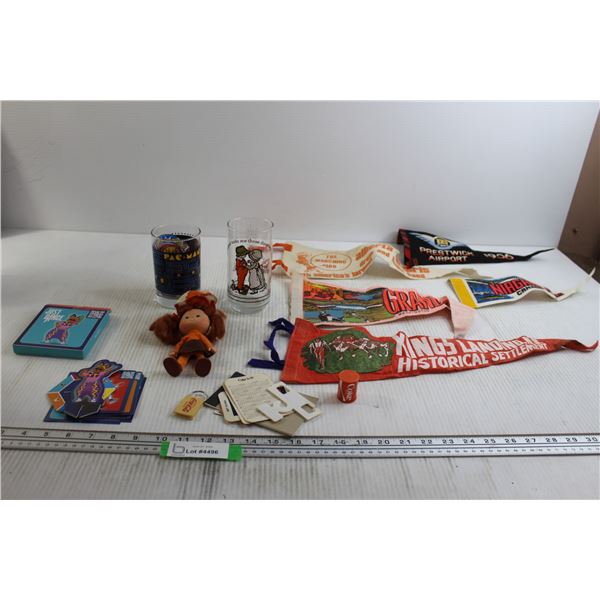 Pac-Man and Holly Hobbie Glasses, (5) Pennants, Misc.