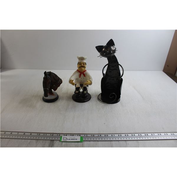 (3) Figurines - Cat, Chef, Horse