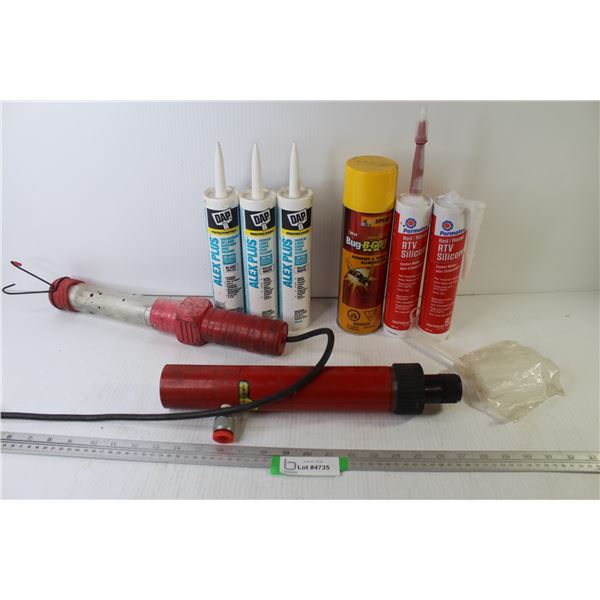 Can of Bug-be-gone - (3) Tubes of Dap Paintable Caulking - (2) Tubes of Red Silicone - Trouble Light