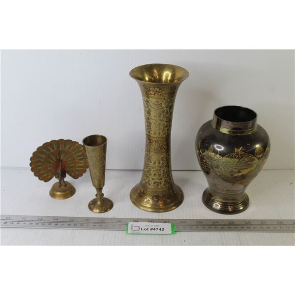 (3) Brass Vases & Brass Peacock