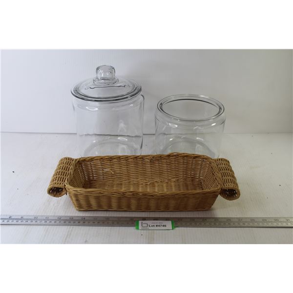 (2) Glass Jars (missing a lid) - Wicker Basket
