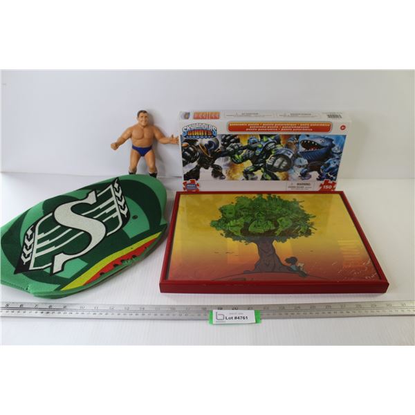 Rubber Wrestler Figure - Foam Water Melon Rider Head Gear - Skylander 150 Puzzle (opened) - Framed P