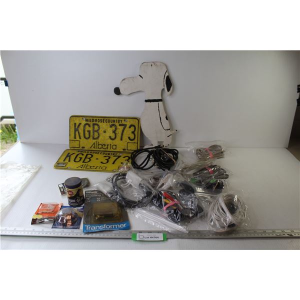 Alberta License Plate - Wooden Snoopy Cut-Out - Assorted Cables - Misc. Items