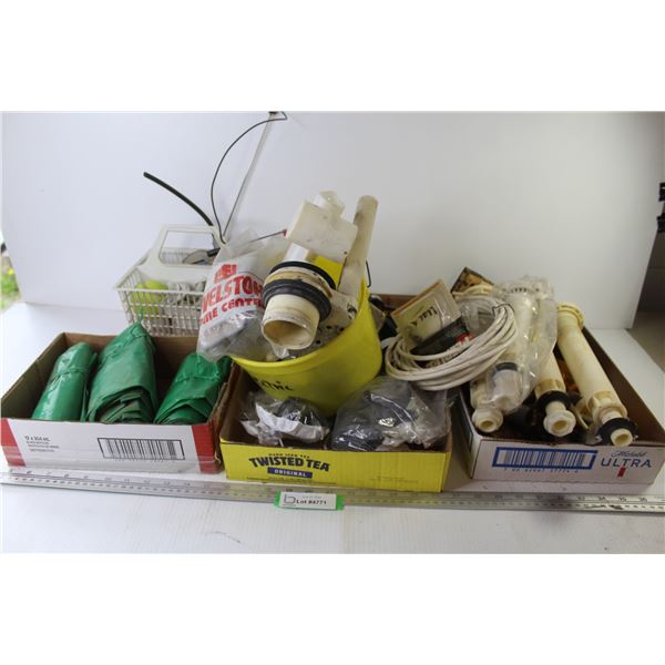 (3) Eaves Trough Plastic Water Lines/Bags - Plumbing Items - Electrical Items - Battery Testers - Mi