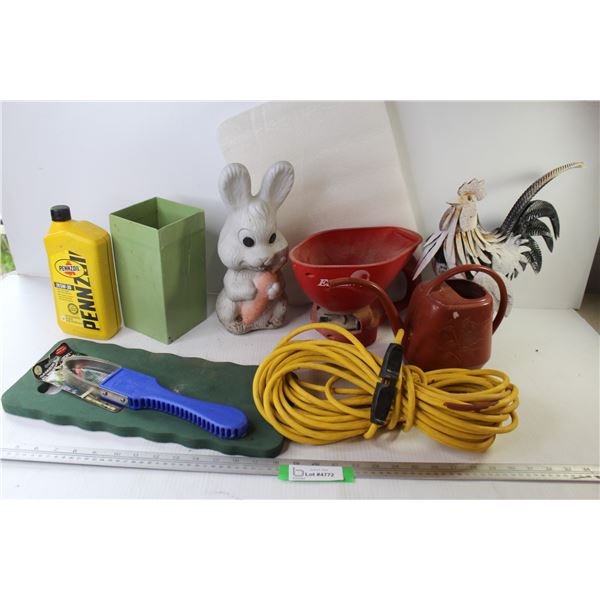 Earthway Hand Seeder - Plastic Water Jug - Plastic Rabbit - Penzoil 5w30 Motor oil - Weld Art Rooste