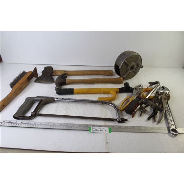 Hatchet - Hammer - Hack Saw - Assorted Hand Tools - Tie Wire Holder/Reel - Steering Wheel Lock (no k