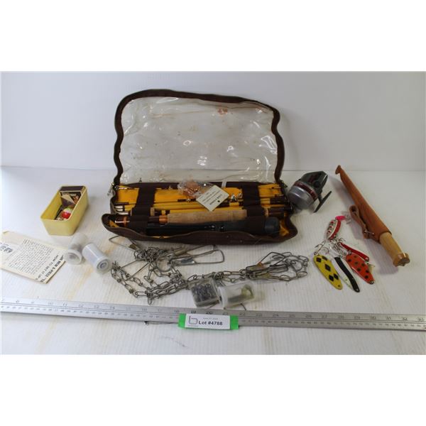 Fishing Rod in Case - Ryobi Reel w/Hooks - Knife - Misc. Items