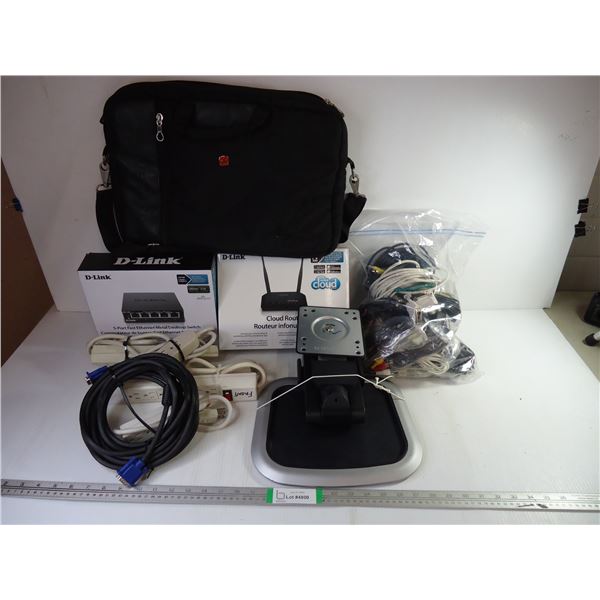 (2) D-Link Ethernet and Cloud Router, Large Bag of Cords/Connectors, Monitor Stand,(4) Power Bars