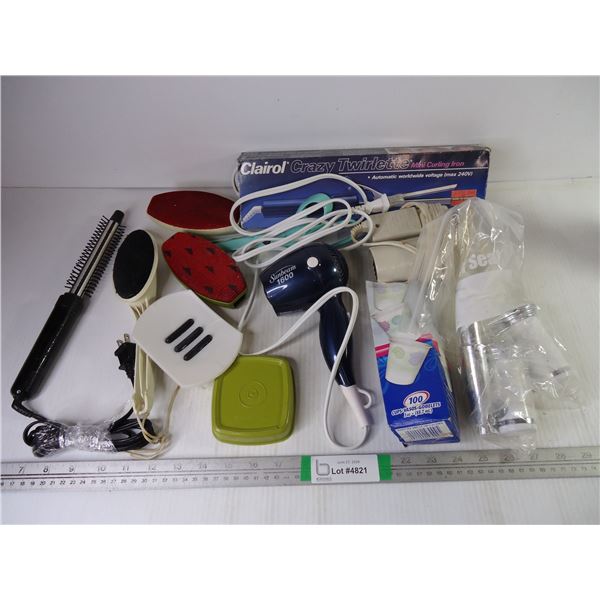 Lot of Curling Irons, Hair Dryer (2),Lint Brushes and Bathroom Misc.