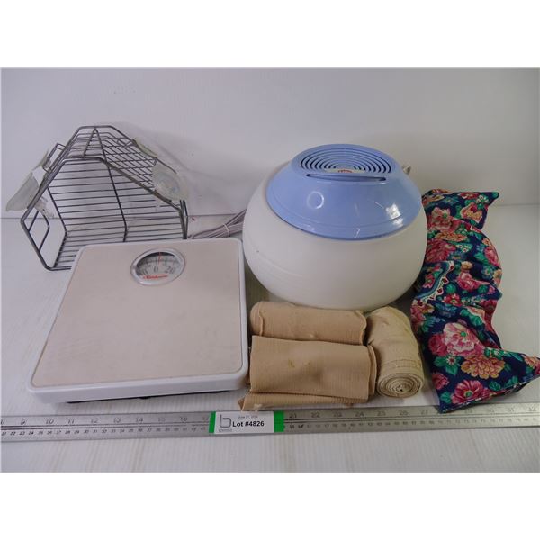 Scale, Humidifier, Shower Caddy and Bag with Tensor Bandages and Neck Wrap