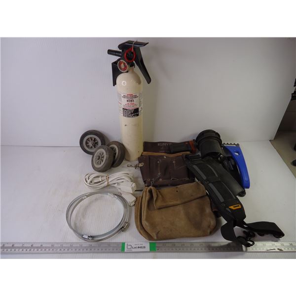 Fire Extinguisher-as is, Tool Belts,(3) Wheels,(2) Clamps, Flashlight and (2) Ice Scrapers