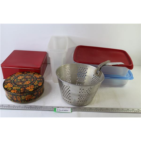 (3) Plastic Food Containers - (2) Tin Containers - Rubbermaid Jug (no lid) - Strainer For Deep Fryer