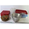 Image 1 : (3) Plastic Food Containers - (2) Tin Containers - Rubbermaid Jug (no lid) - Strainer For Deep Fryer