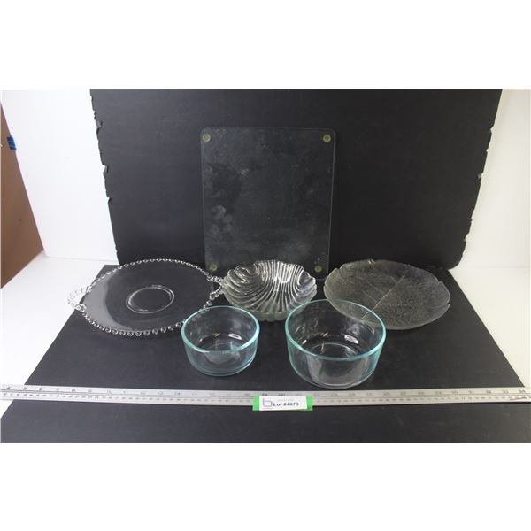 (2) Light Blue Pyrex Glass Bowls - Shell Dish - Glass Cutting Board - (2) Glass Plates
