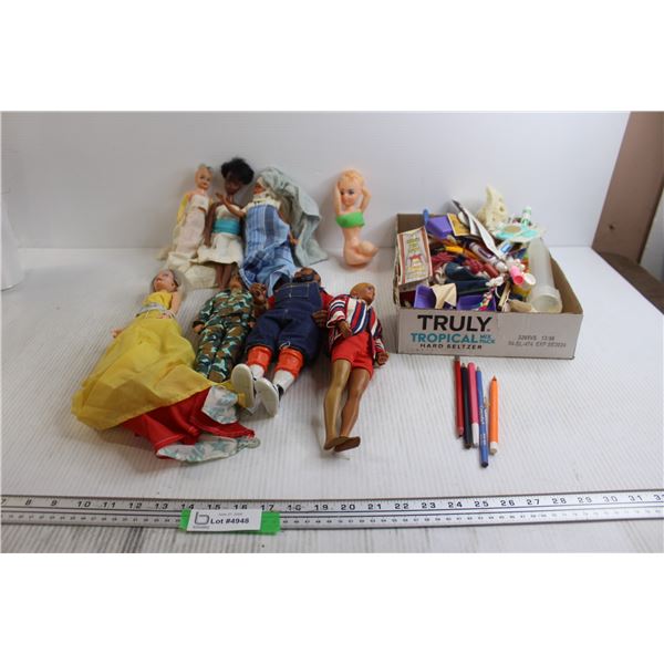 (8) Assorted Dolls - Mr. T., Flat of Misc. - Markers, Pencil Crayons