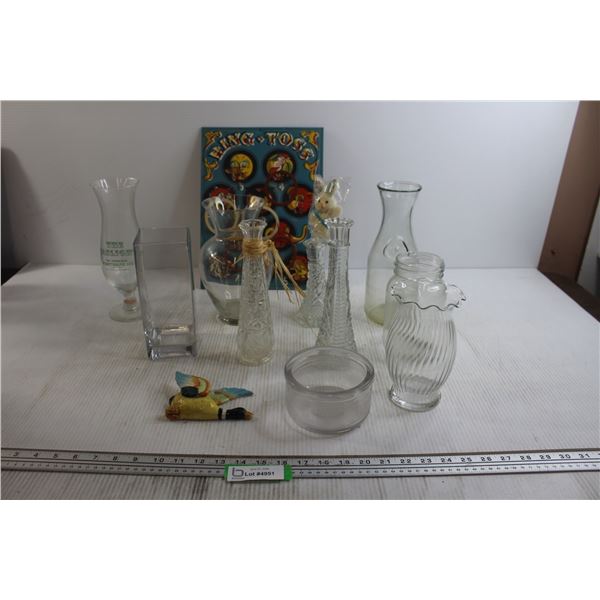 (7) Glass Vases, Hurricane Glass, Misc.