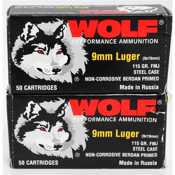 100 Rounds of Wolf 9mm Luger Ammunition