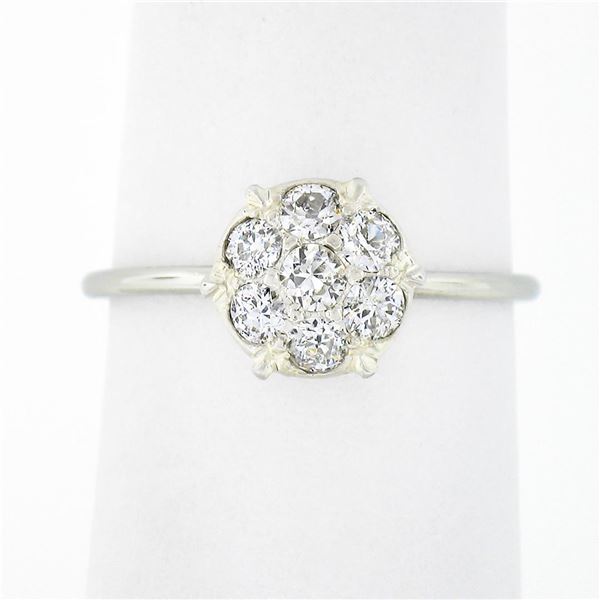 Antique 18k White Gold 0.52 ctw Old European Diamond Cluster Flower Solitaire Ri
