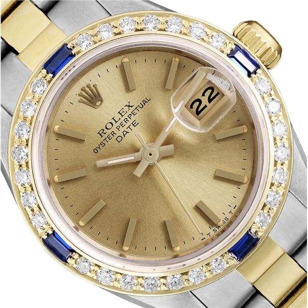 Rolex Ladies Two Tone Gold And Steel Champagne Dial Diamond And Sapphire Date Wa