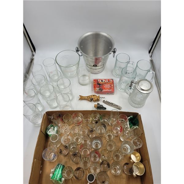 Bridgestone Ice Bucket and Glasses and Colorful Shot Glasses