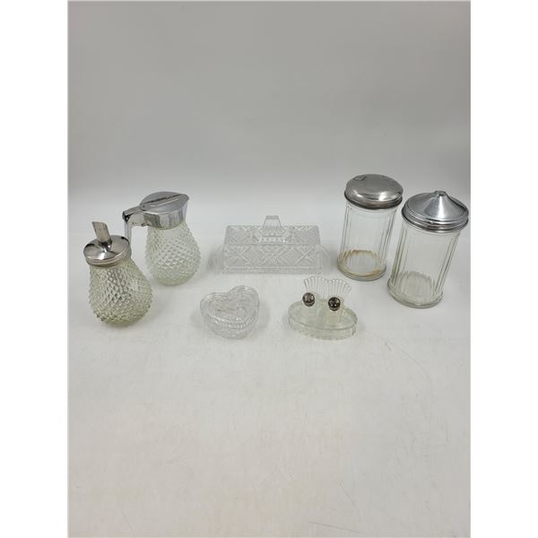 Vintage Cream/Sugar Dispensers/Crystal Butter Dish/Sterling Silver Tipped Salt and Pepper