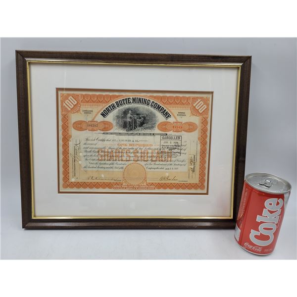 Antique Framed North Butte Mining Company - Stock Certificate (Orange)