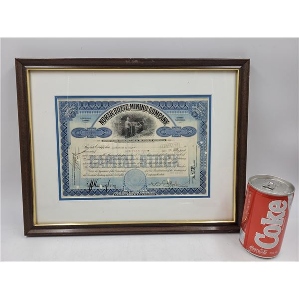 Antique Framed North Butte Mining Company - Stock Certificate (Blue)